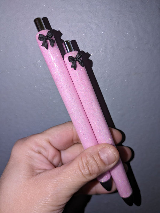 Black Bow Coquette Pink Glitter Pen