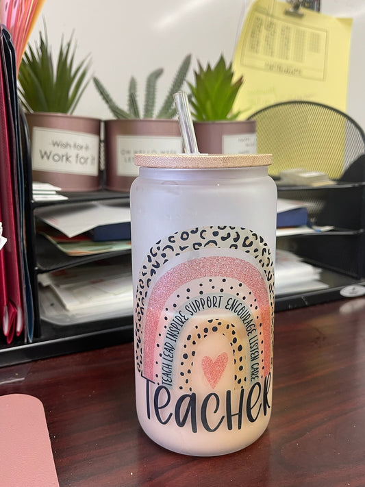 Teacher Appreciation 16 oz Beer Can Glass with Bamboo Lid and Straw