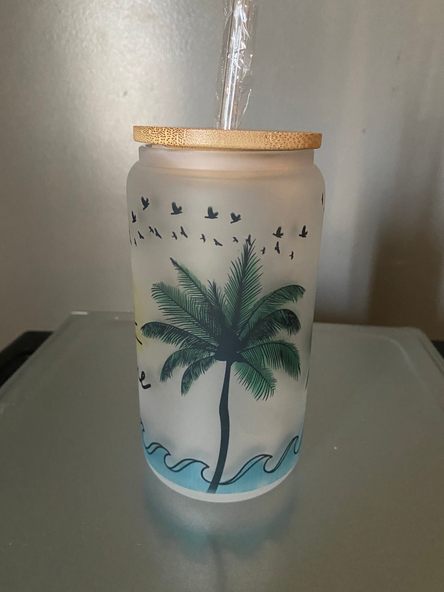 16 oz Sunshine Glass Beer Can with Bamboo Lid and Straw