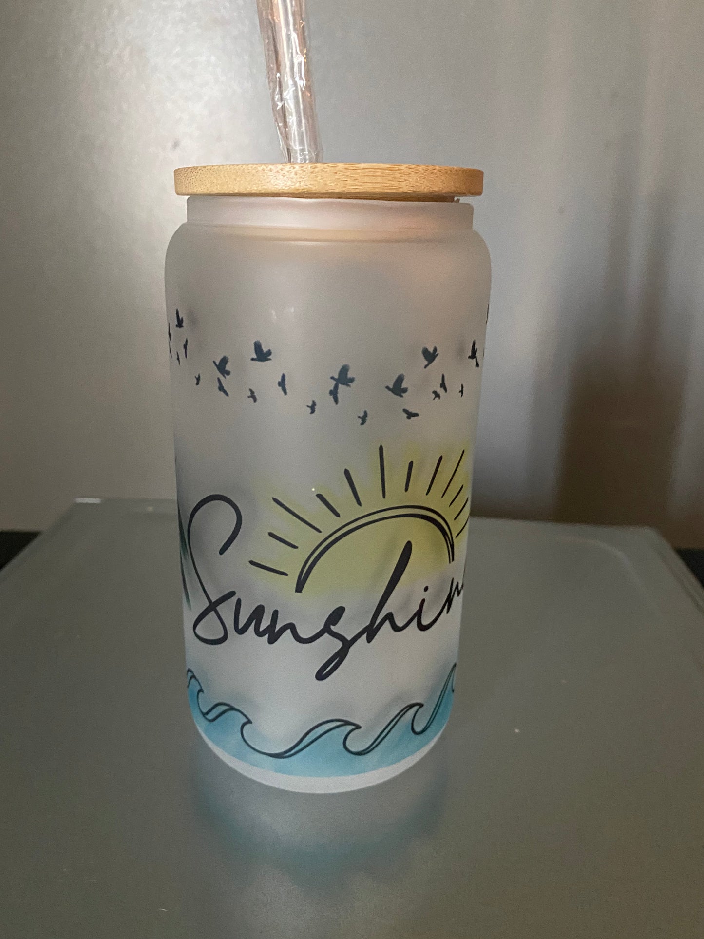 16 oz Sunshine Glass Beer Can with Bamboo Lid and Straw